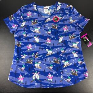Scrubstar Women’s Scrup Top Winter Themed Size L Penguin, Gnome, Skiing, Bear